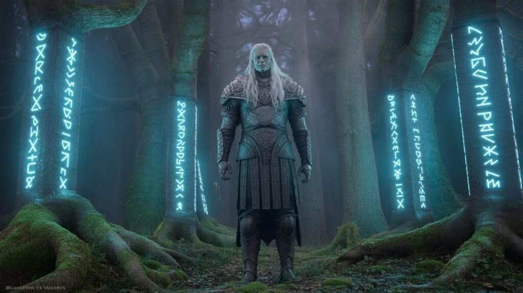 Phaelariax Vylorn standing in an ancient, mystical forest with glowing runes