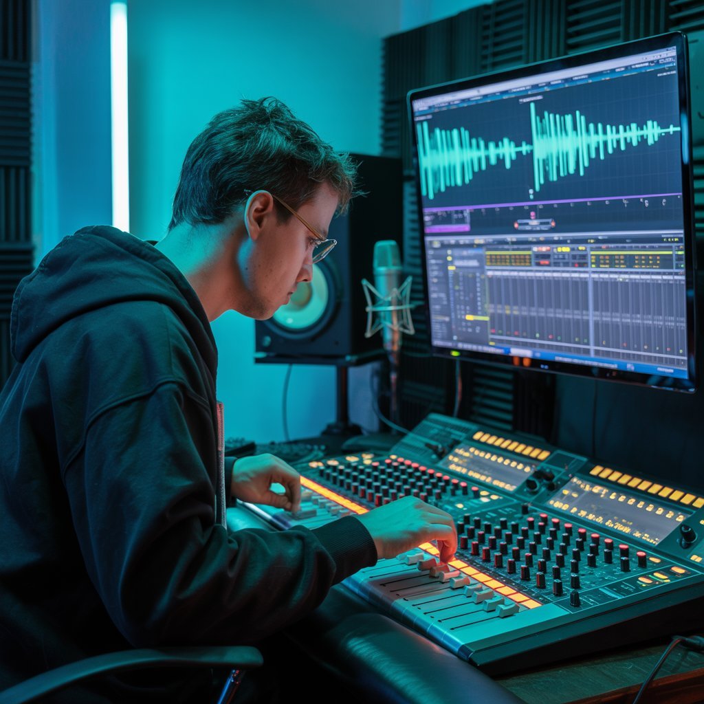 Remixpapa Msw producing music in a high-tech studio setup