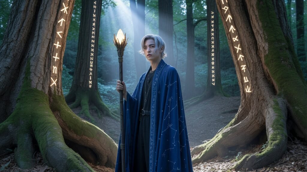 Phaelariax Vylorn standing in an ancient, mystical forest with glowing runes