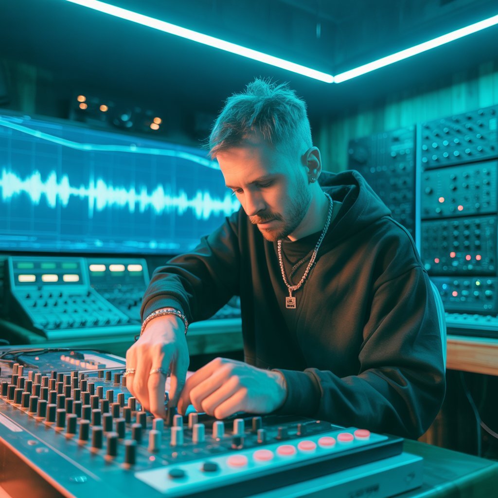 Remixpapa Msw producing music in a high-tech studio setup